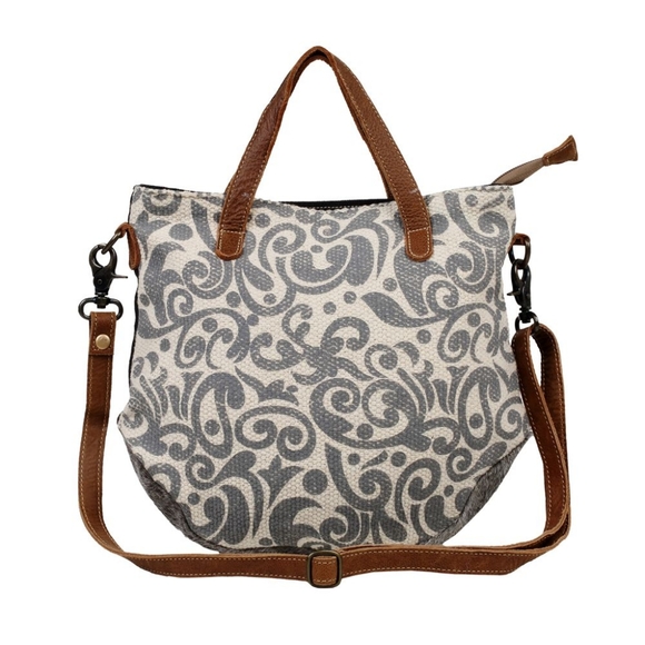 Myra Bag Handbags - Myra Playful upcycled canvas crossbody with leather and hairon